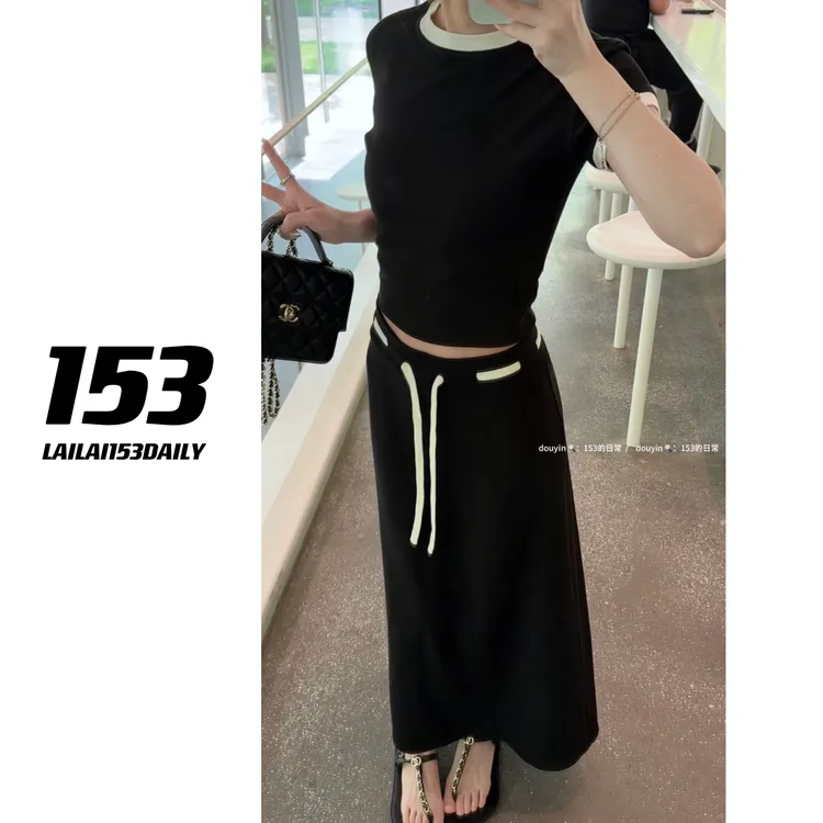 【153的日常】撞色腰头半身裙小个子女生夏季设计感穿搭25XQ596