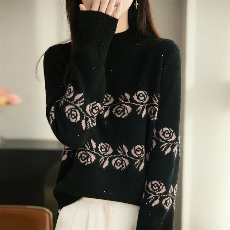 哥弟阿玛施正半高领提花亮片毛针织衫女款时尚宽松长袖打底衫毛衣