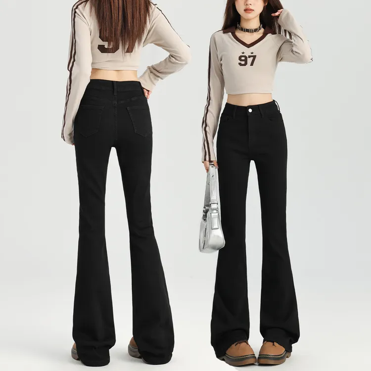 秋冬款黑色加绒牛仔裤女秋季2025新款高腰弹力修身显瘦微喇叭裤子