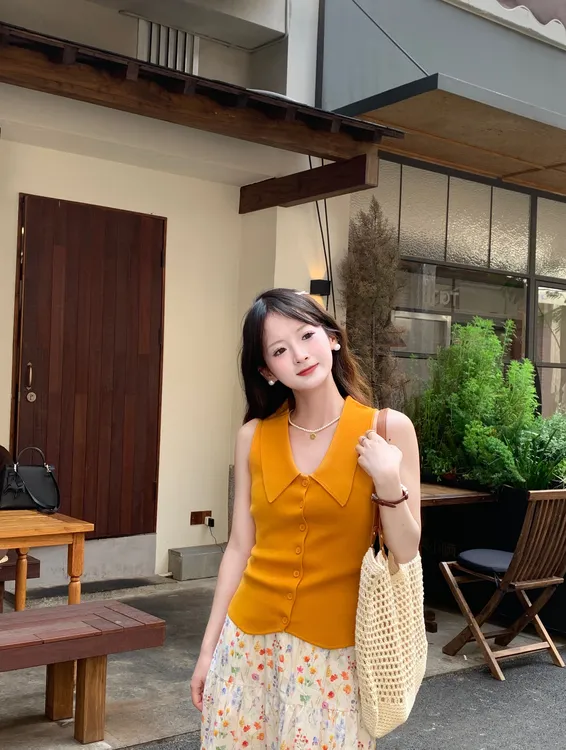 运费补贴小个子秋季新款韩版甜美设计感独特polo领挂脖无袖针织女