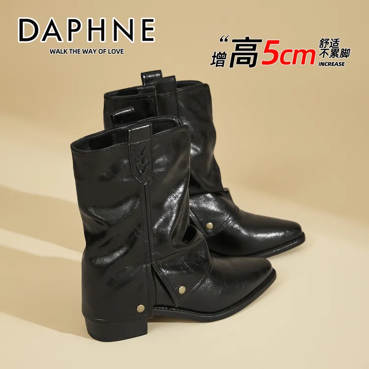 达芙妮尖头裤管靴炸街小短靴女25新款西部牛仔靴裸靴粗跟时尚女靴