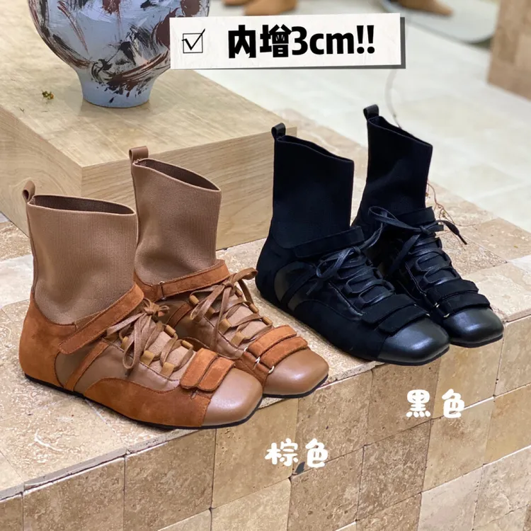 2025秋冬新款做旧系带方头复古真皮配色飞织短靴短靴ZA-19# WQQ
