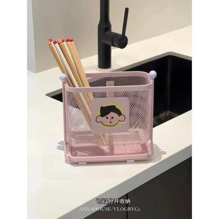 卡通筷子收纳盒厨房置物架家用创意免打孔高颜值铁皮沥水收纳神器
