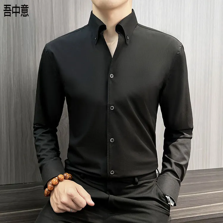 高级感v领衬衫男款爆款2025新款春秋商务休闲时尚格纹大尖领衬衣