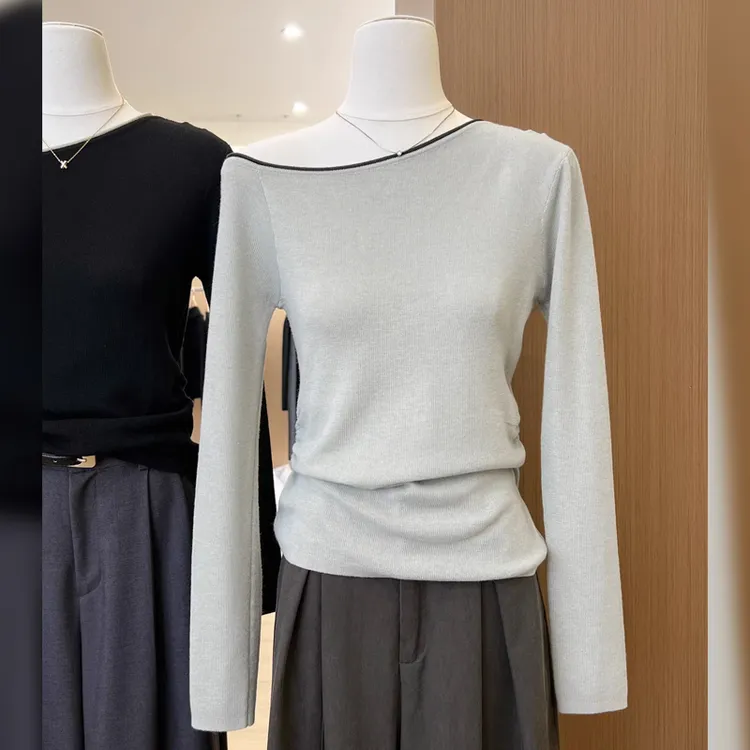 微胖双十一灰色露肩长袖针织衫女早秋季大码显瘦巨好看斜肩上衣