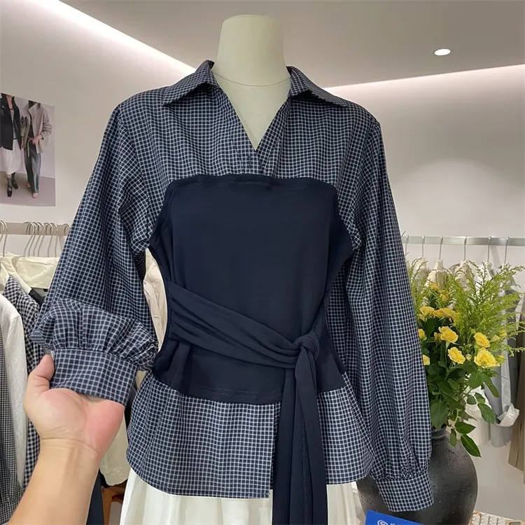 早秋装2025新款爆款法式polo领假两件拼接格子衬衫女收腰长袖上衣