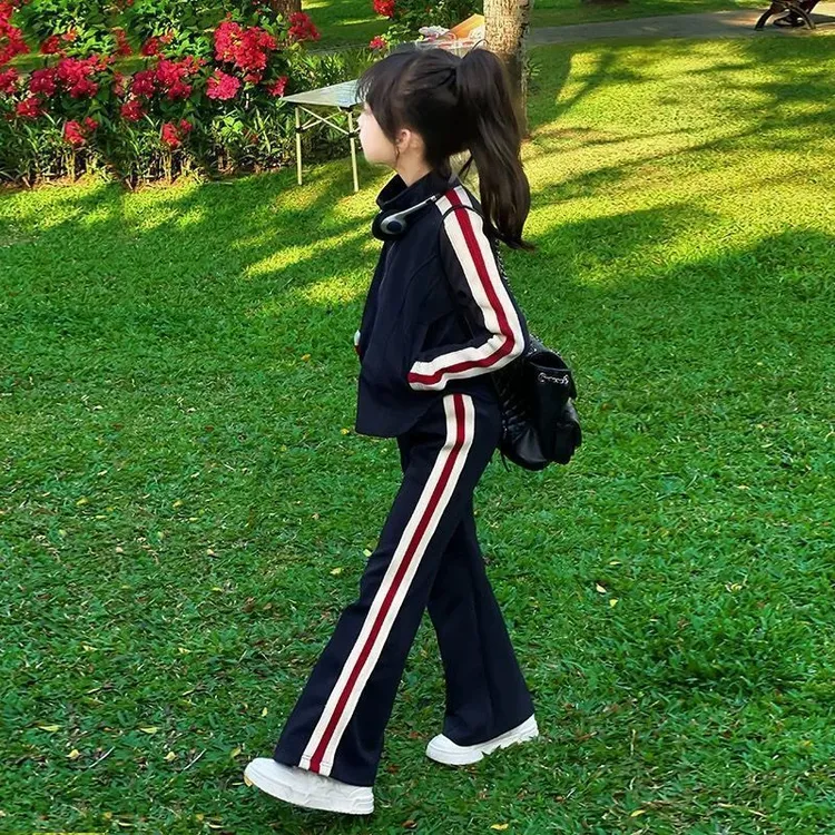 童装女童套装春秋2025新款儿童运动外套休闲裤子网红条纹两件套潮