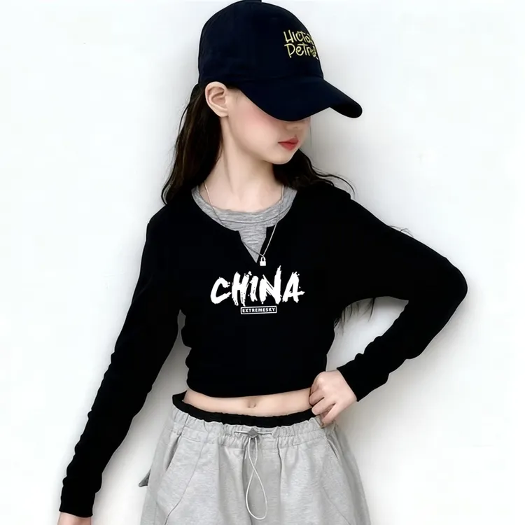 女童秋装长袖假两件T恤纯色棉洋气打底衫中大儿童女孩时髦春上衣t