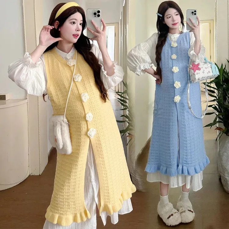 时髦孕妇装秋季法式衬衫长裙镂空山茶花鱼尾背心裙洋气减龄两件套