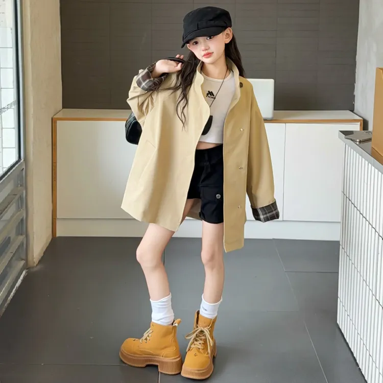 女童秋季韩版休闲中长款风衣外套2025新款女大童洋气时髦儿童秋装