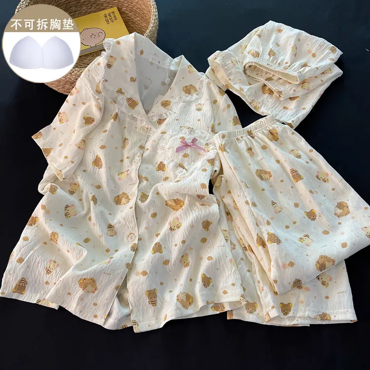 2025年夏季新款睡衣女宽松带胸垫棕色可爱小熊短袖家居服三件套装