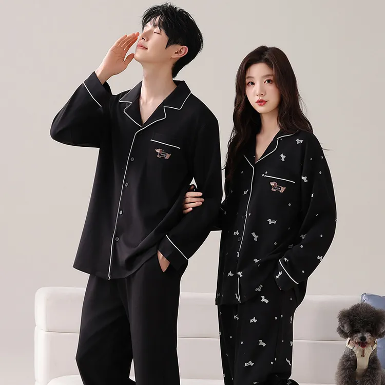 芬腾可安情侣睡衣女春秋款2025新款纯棉长袖休闲家居服男全棉套装