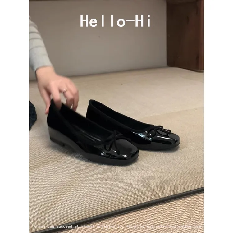 羊皮版~小个子内增高漆皮平底鞋女法式蝴蝶结浅口单鞋方头芭蕾鞋