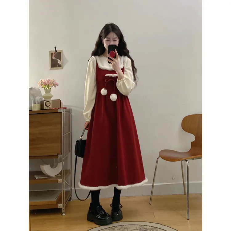 【新年】大码秋冬红色甜美圣诞穿搭假两件连衣裙女装新年裙子