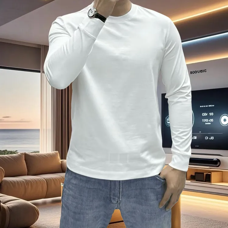 早秋重磅纯棉新款轻奢时尚男士长袖纯色休闲百搭简约圆领打底衫