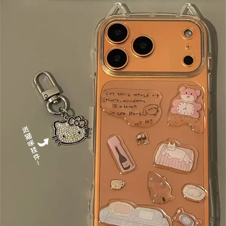 雅天立可爱小熊贴纸猫耳适用苹果17手机壳iPhone16透明15promax女