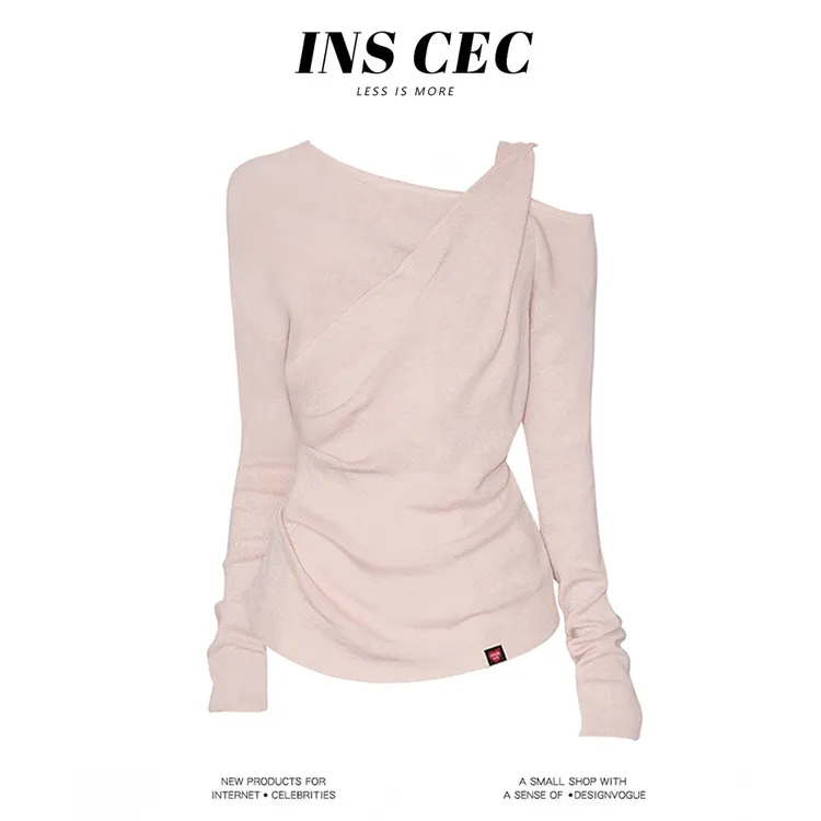 INSCEC显瘦斜领褶皱长袖T恤女秋季设计感露肩针织衫上衣秋冬打底
