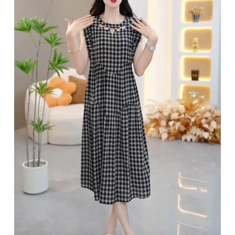休闲宽松连衣裙2025夏季新款格子时尚气质显瘦减龄遮肉