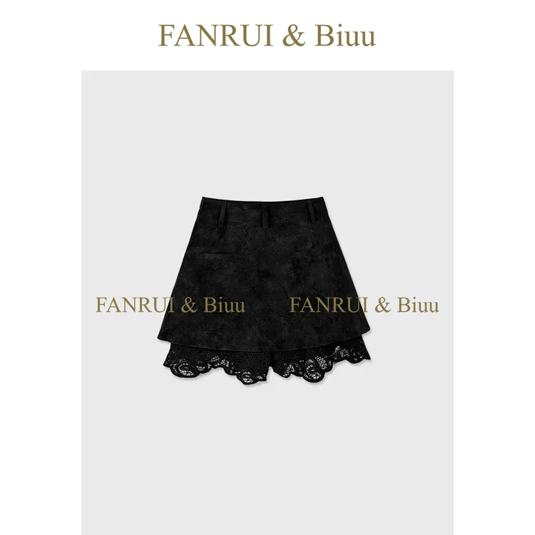 FANRUI/泛芮「蕾丝漫想」蕾丝拼接显瘦百搭高级时髦半身皮裤B18040