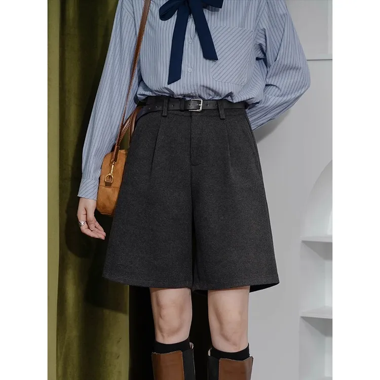 高腰直筒五分裤女宽松显瘦简约经典中裤高级感西装毛呢阔腿短裤