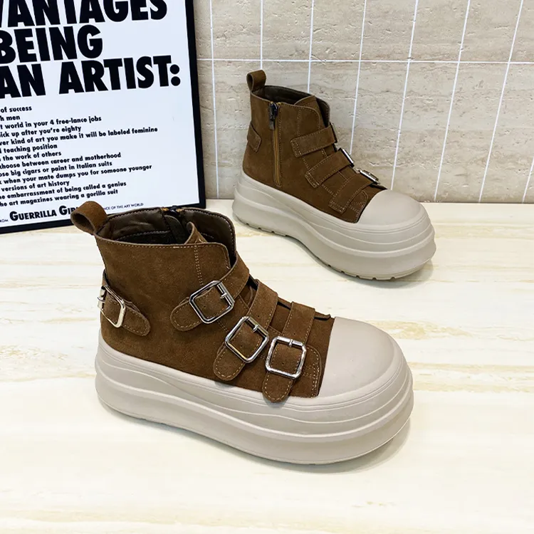 潮鞋2026春季新款皮带扣时尚高帮磨砂皮厚款休闲英伦风圆头高帮鞋
