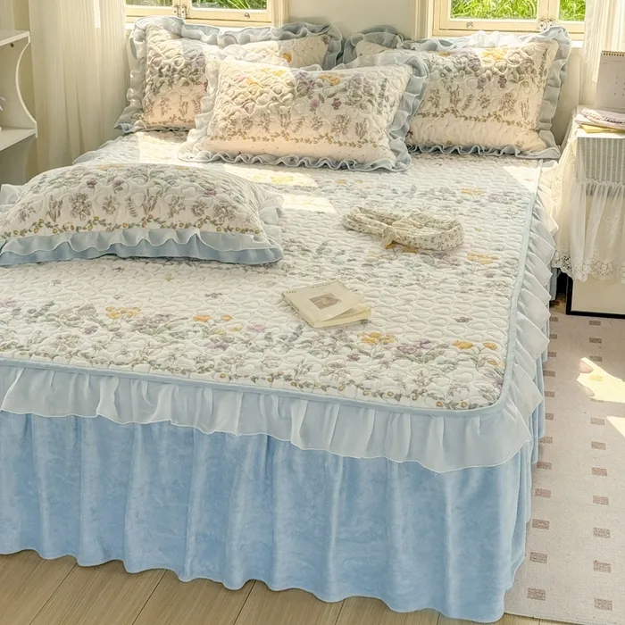 冬季新款夹棉加厚牛奶绒床裙床笠二合一带裙边保暖加绒床单床罩