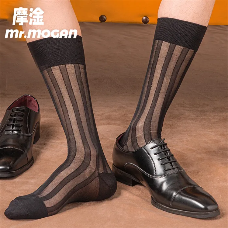 男士商务正装袜中筒粗条纹皮鞋丝袜