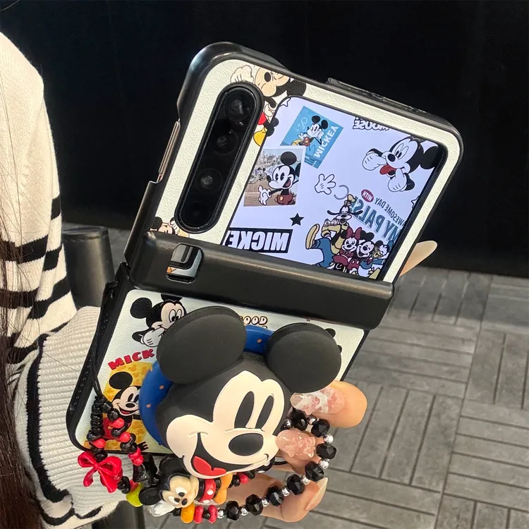 适用华为purax折叠屏手机壳黑白皮质pocket2立体米奇磁吸支架链条