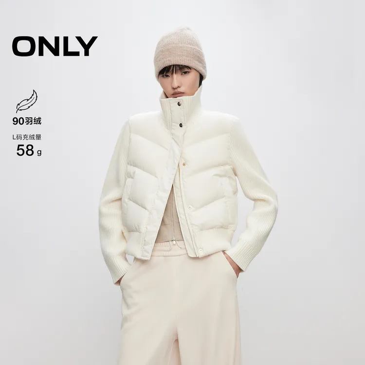 ONLY2025冬季新款白鸭绒针织拼接正肩翻领短款女|125423009