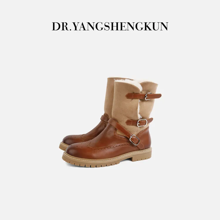 杨圣坤2025新品进口小牛皮手工擦色工艺皮毛一体短靴B25120815