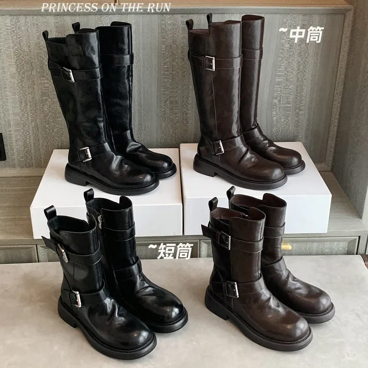  女靴秋冬季增高4cm双扣带复古圆头侧拉链厚底骑士长靴女马丁靴子