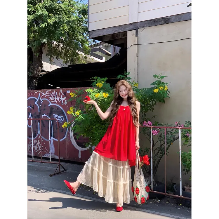 纯欲挂脖度假风上衣连衣裙夏季一整套ootd穿搭高腰大摆长裙仙女裙