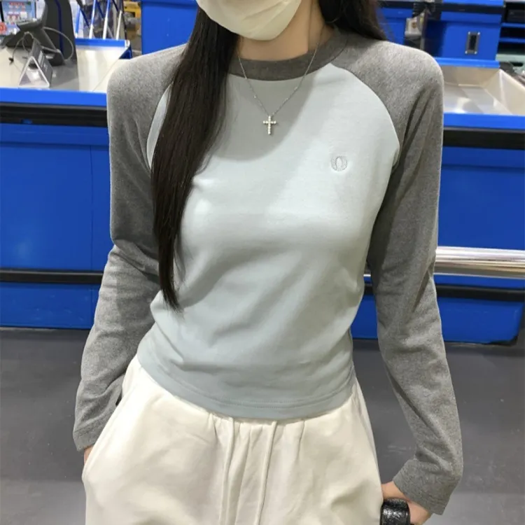 百搭洋气显高长袖女T恤显瘦修身秋季独特遮肉韩版小个子高级撞色
