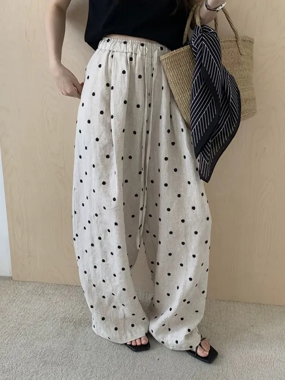 miluroom米鹿25013苎麻休闲裤女2025夏刺绣波点显瘦阔腿直筒裤