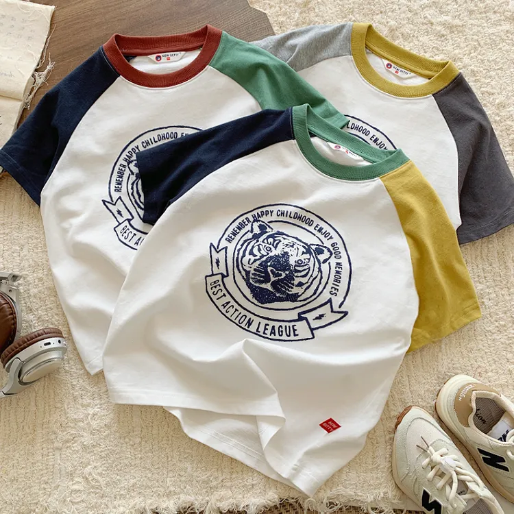 男童印花T恤夏季新款儿童拼接撞色插肩袖上衣男孩洋气休闲短袖