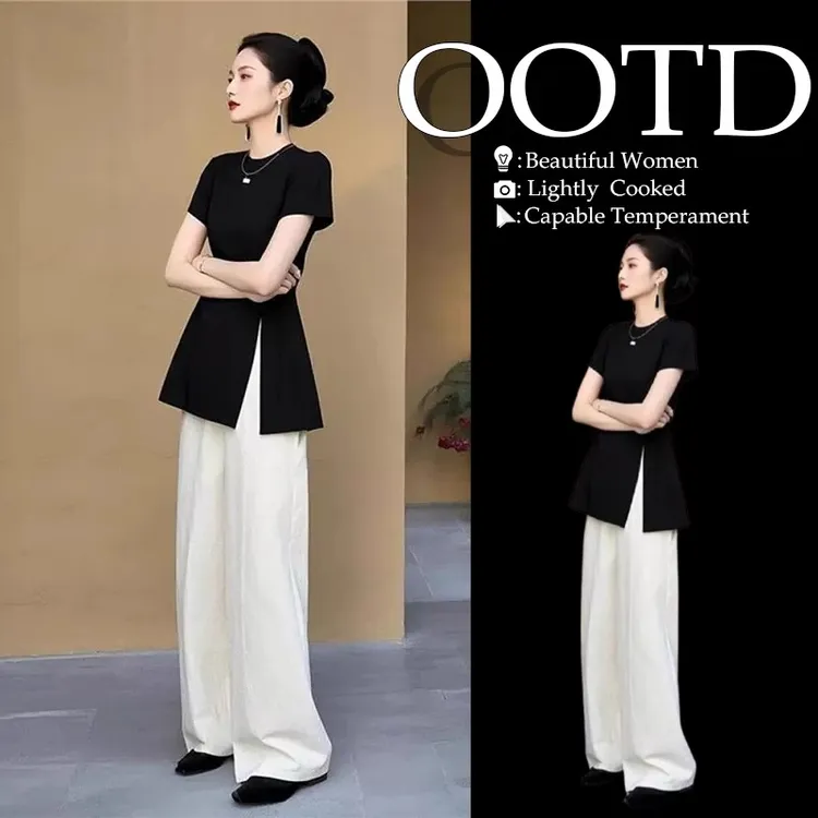 大码夏日穿搭一整套小众设计感开叉黑色上衣直筒阔腿裤两件套装女