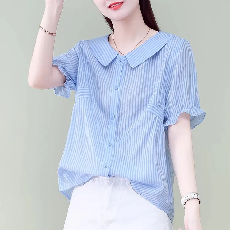 拉夏贝尔竖条纹娃娃领衬衫女夏季新款时尚休闲减龄宽松短袖衬衣潮