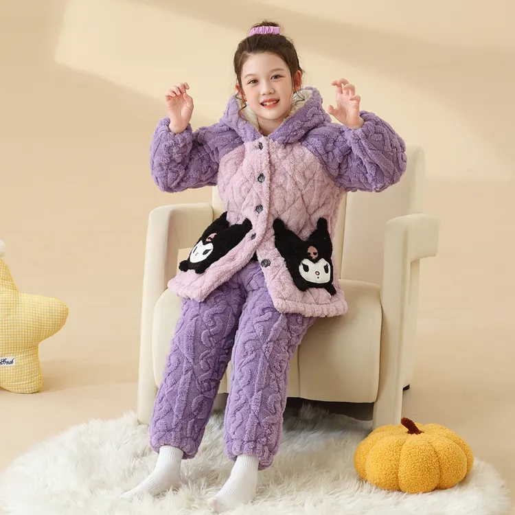 女童冬季睡衣儿童法兰绒三层夹棉加厚款女孩珊瑚绒冬天加绒家居服