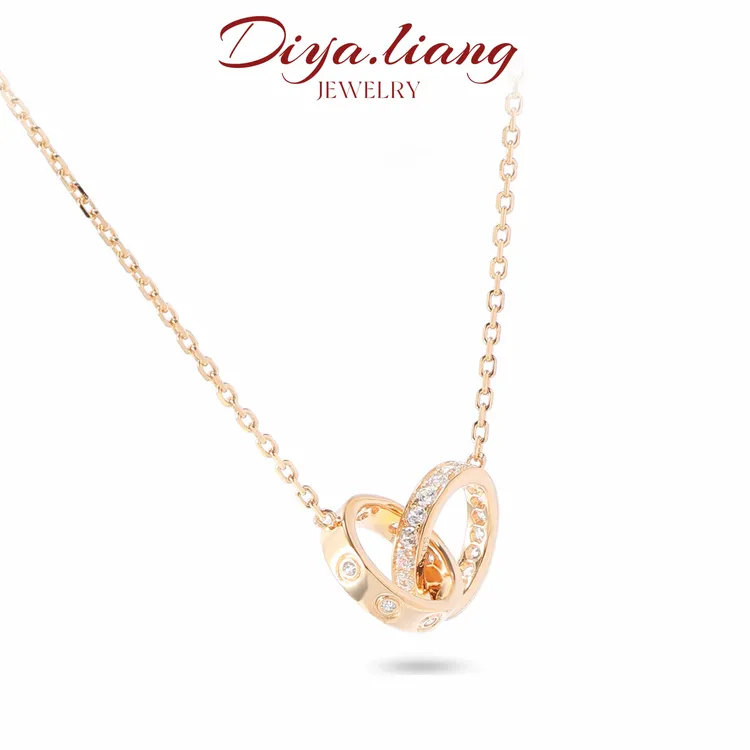 坠链均925银 梁雅帝新品【香槟金双环蜂巢满天星】设计款纯银项链