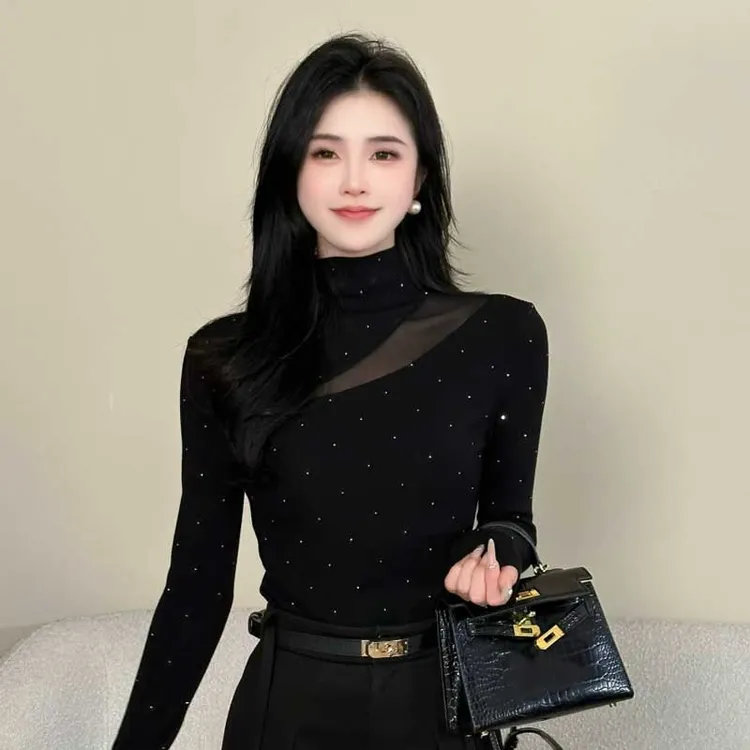 【满天星】新款带钻拼接长袖T恤女冬季加绒加厚打底衫上衣8906