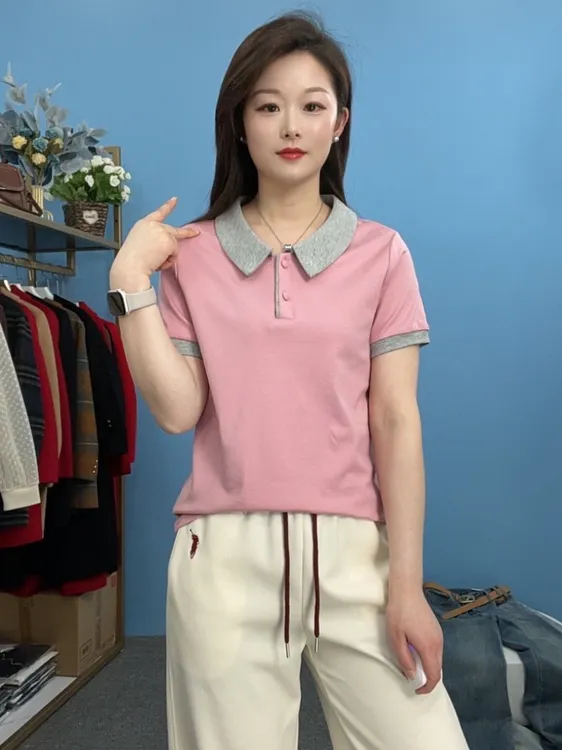 【娃娃领】时尚减龄拼色短袖上衣休闲翻领撞色T恤衫百搭夏季女 583