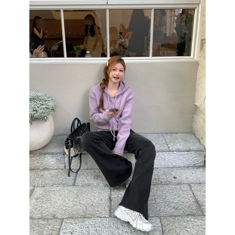  切糕自制【秋日氧气】小个子秋季女流光风纯欲慵懒感连帽长袖毛衣