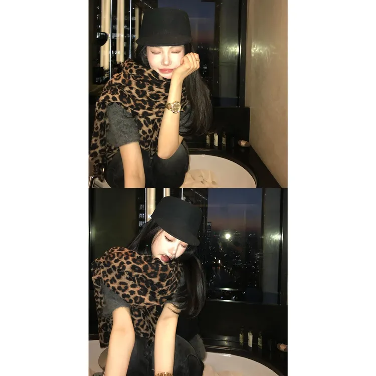 区区欧阳'秋冬的氛围搭配'限定新年豹纹！复古围巾女秋冬披肩围脖