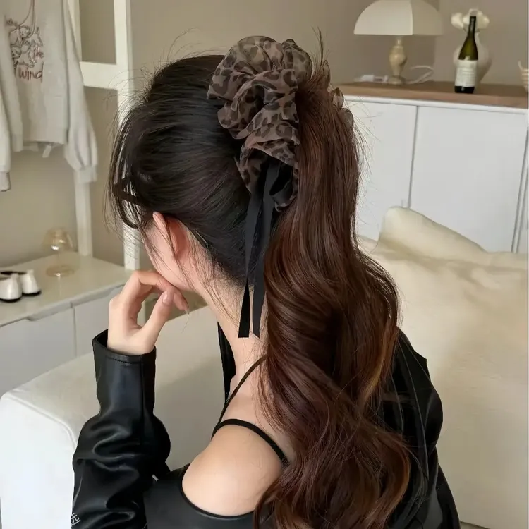 韩式甜美豹纹多层网纱发夹2025新款气质法式高马尾香蕉夹发饰