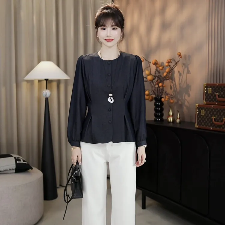 LMENY“纸片人逆袭”亚麻圆领收腰打褶显瘦小衫25CC006