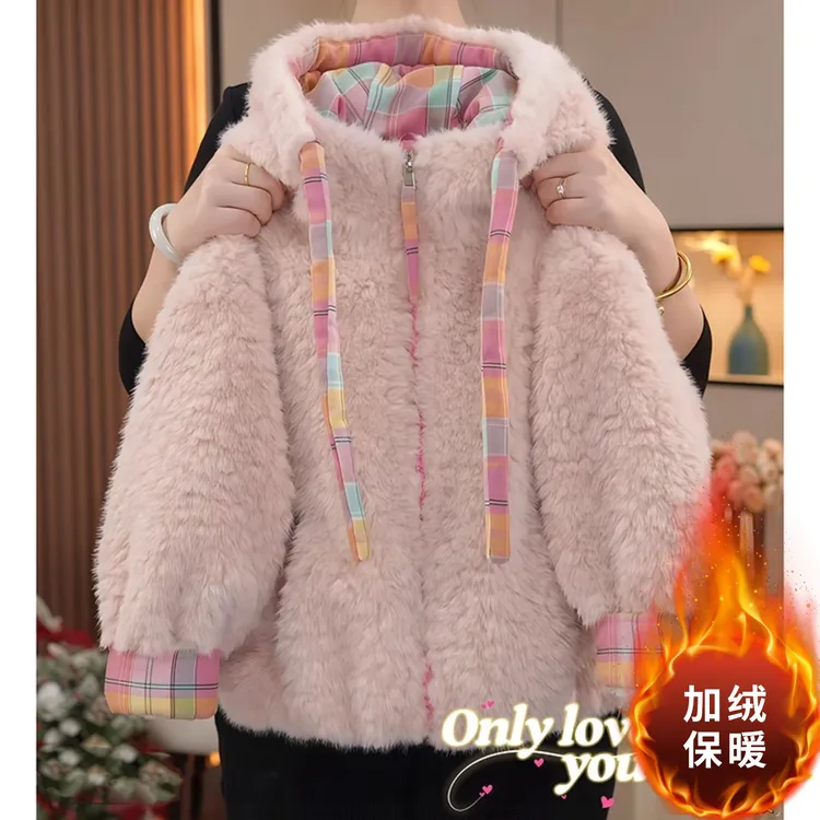 女童加绒毛毛衣外套2025新款秋冬加厚羊羔毛托斯卡纳毛大衣拼格子