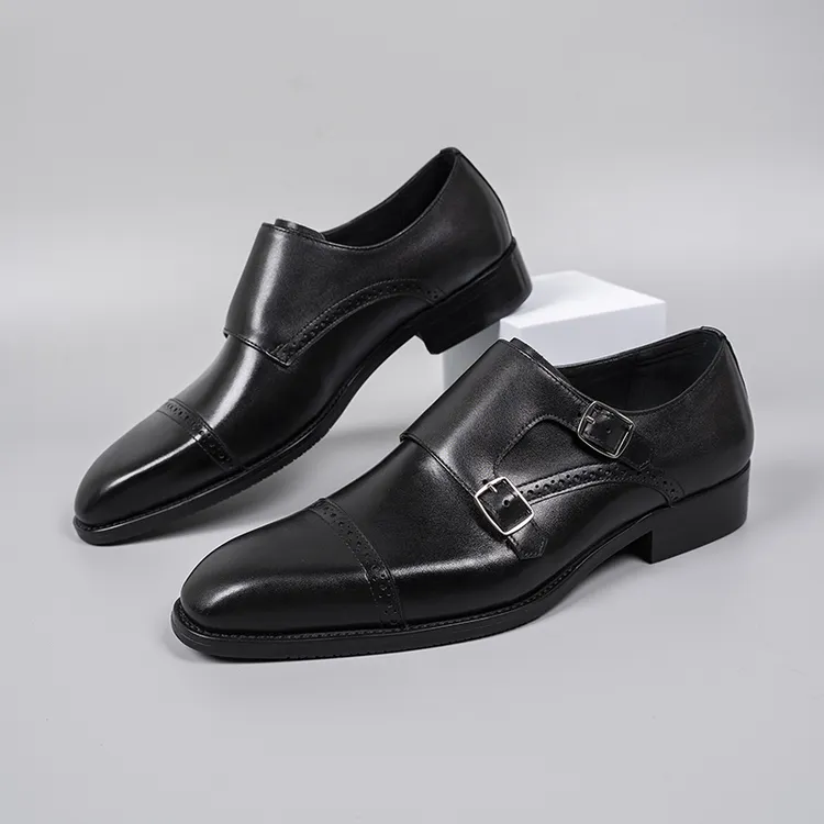 真头层牛皮鞋男士商务正装尖头搭扣休闲英伦风黑色潮流时尚透气