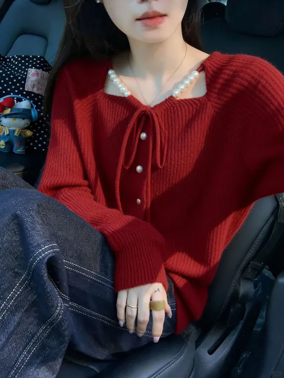 甜美风红色蝴蝶结系带针织开衫女秋冬季新款时尚洋气百搭毛衣外套