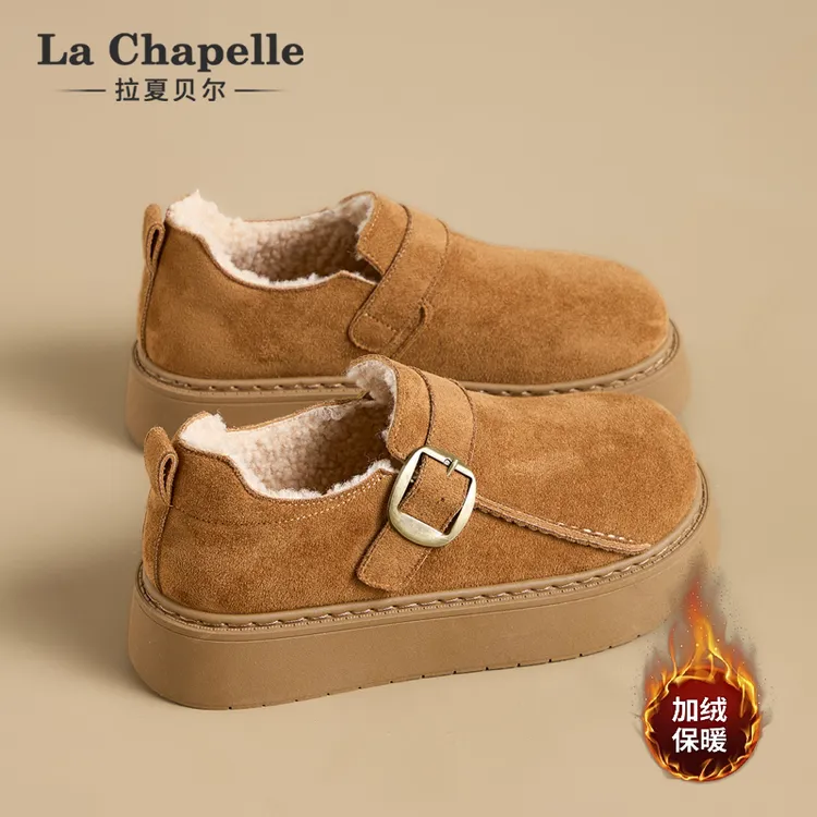 拉夏贝尔加绒勃肯鞋女厚底增高2025新款冬季百搭乐福鞋雪地靴棉鞋