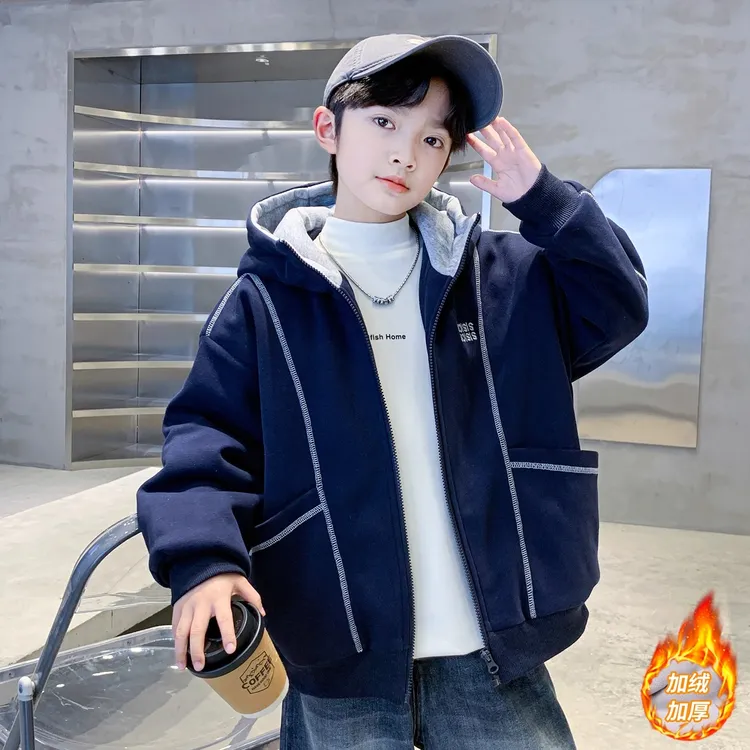 男童外套秋冬款2025新款中大童加绒加厚连帽针织男孩冬季保暖上衣